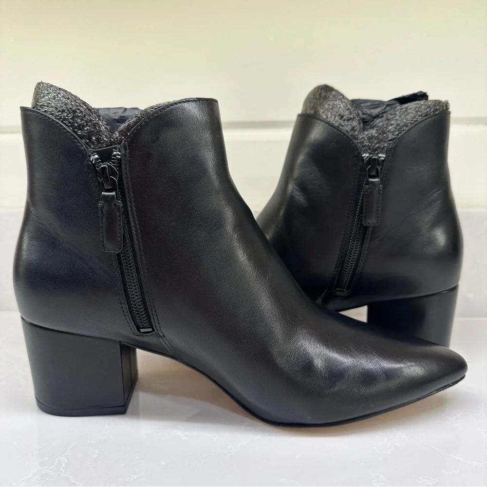 NWT || NIB: Cole Haan Elyse Black Ankle Leather Boots with Side Zip. Size: 9.5 B